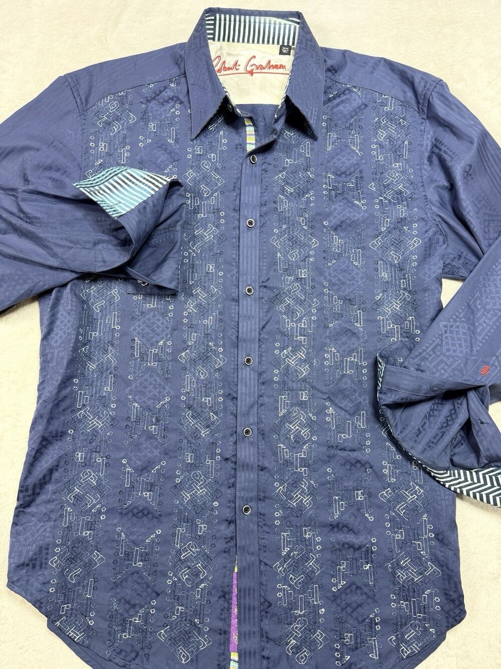 Robert Graham Silk Blend Shirt Embroidered Blue Jacquard Knowledge Wisdom Sz M